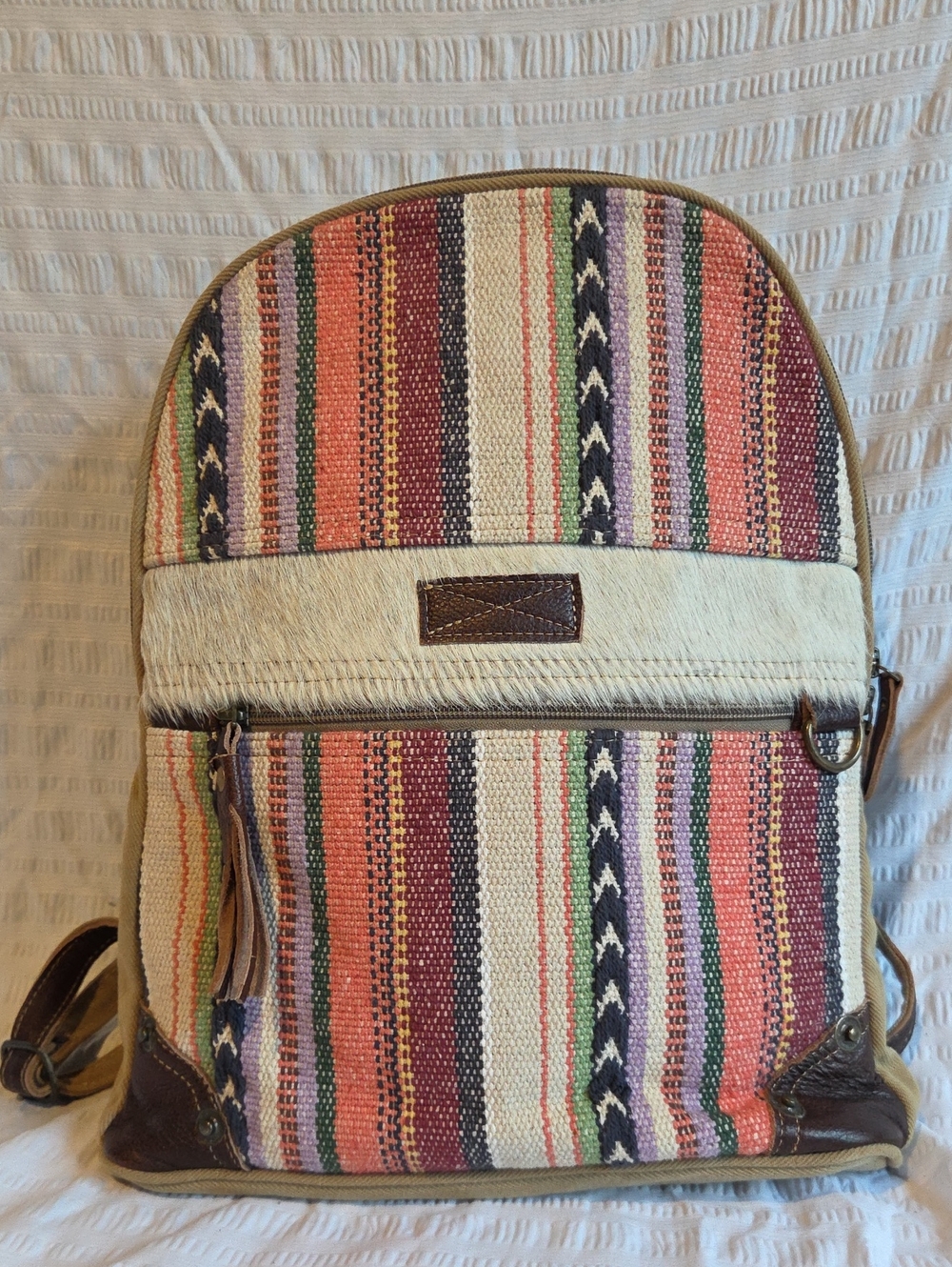 Myra Bag Artsy Woven Rug Backpack - Cowhide Accent Multi-Color